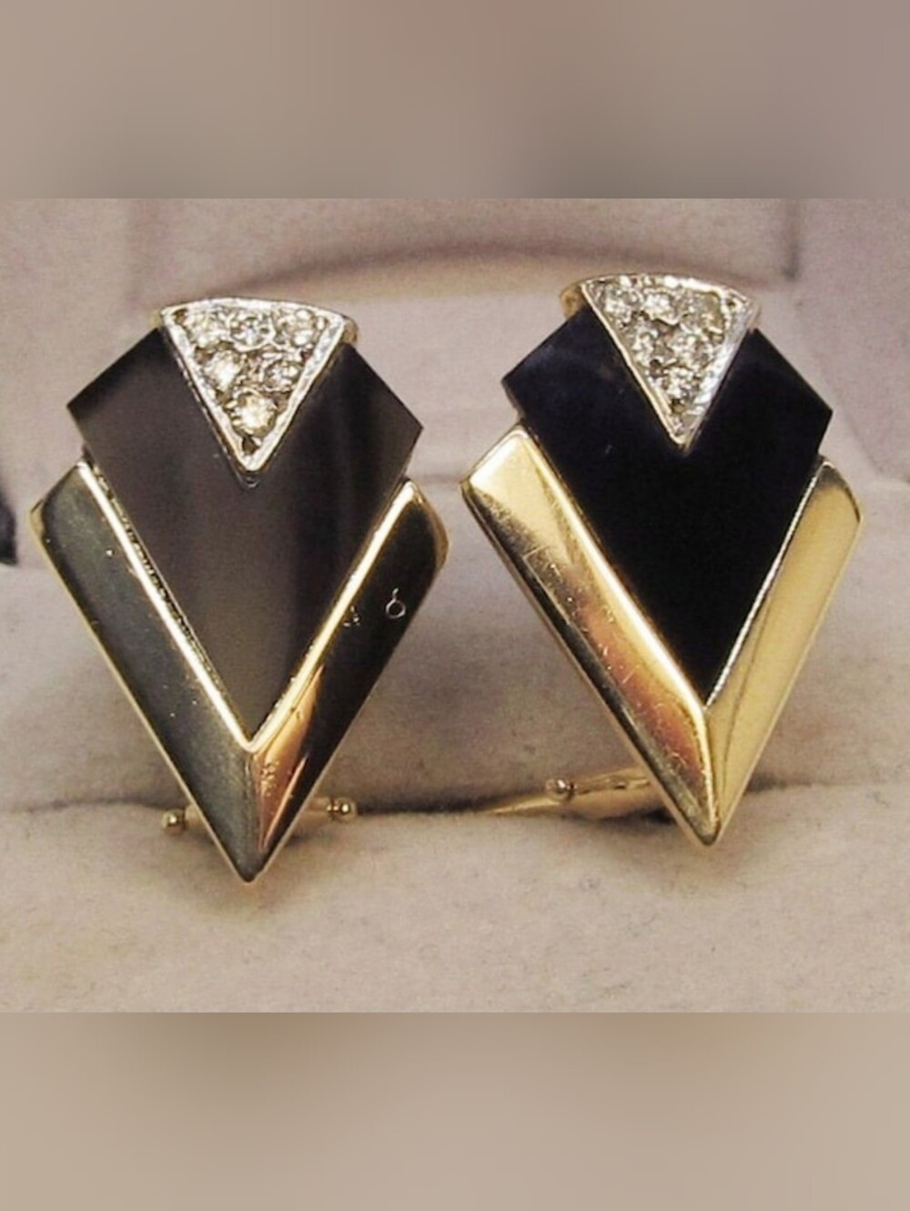 14K Yellow Gold, onyx, and diamond Art Deco–style clip-on/post earrings.
